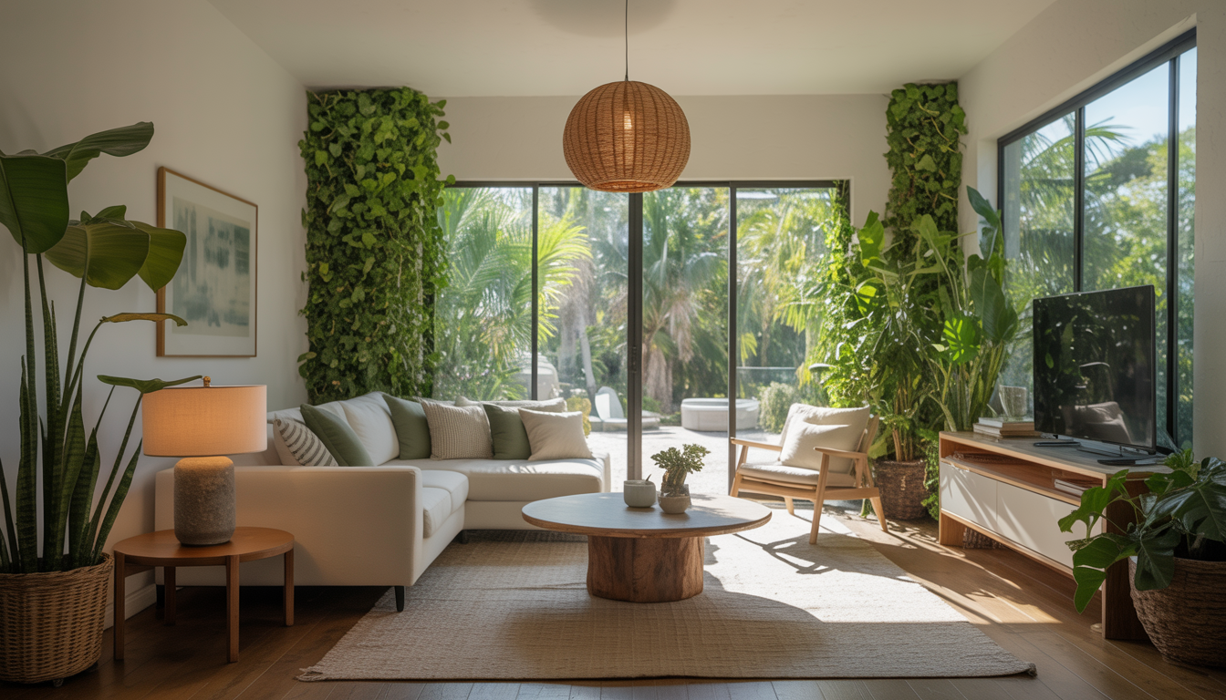 An eco-friendly home with indoor plants and a modern HVAC system, representing energy efficiency and environmental consciousness in Tampa Bay.