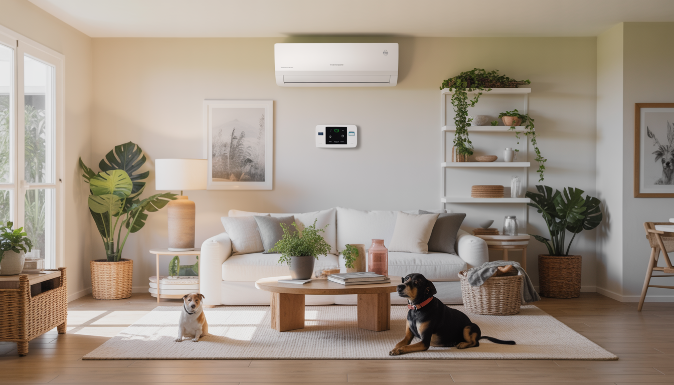 Interior of a Florida home with a modern HVAC system, eco-friendly decor, and a smart thermostat on the wall, highlighting energy efficiency and sustainability.