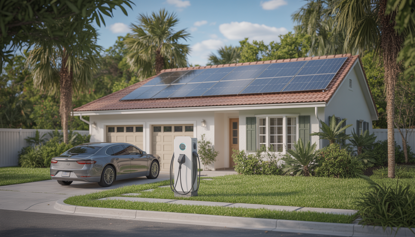Suburban home with solar panels and a Level 2 EV charger, showcasing eco-friendly living.