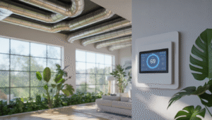 A modern smart home interior with visible ductwork, a smart thermostat, and an advanced air filtration system, surrounded by large windows and indoor plants.