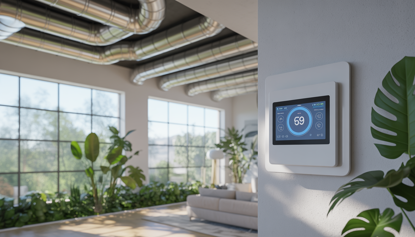 A modern smart home interior with visible ductwork, a smart thermostat, and an advanced air filtration system, surrounded by large windows and indoor plants.