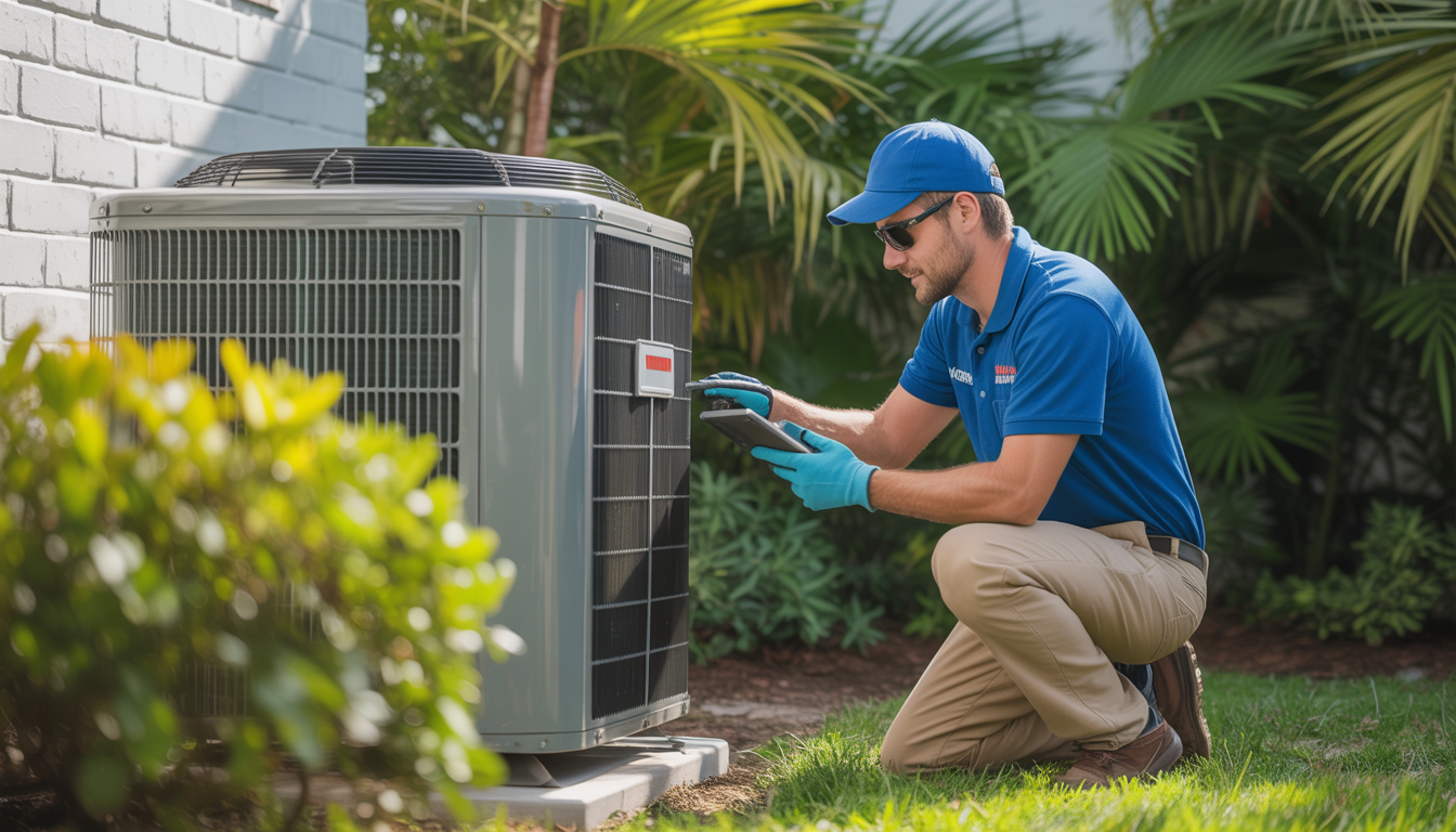 A technician checks an air conditioning unit in a sunny backyard with green plants, highlighting maintenance.