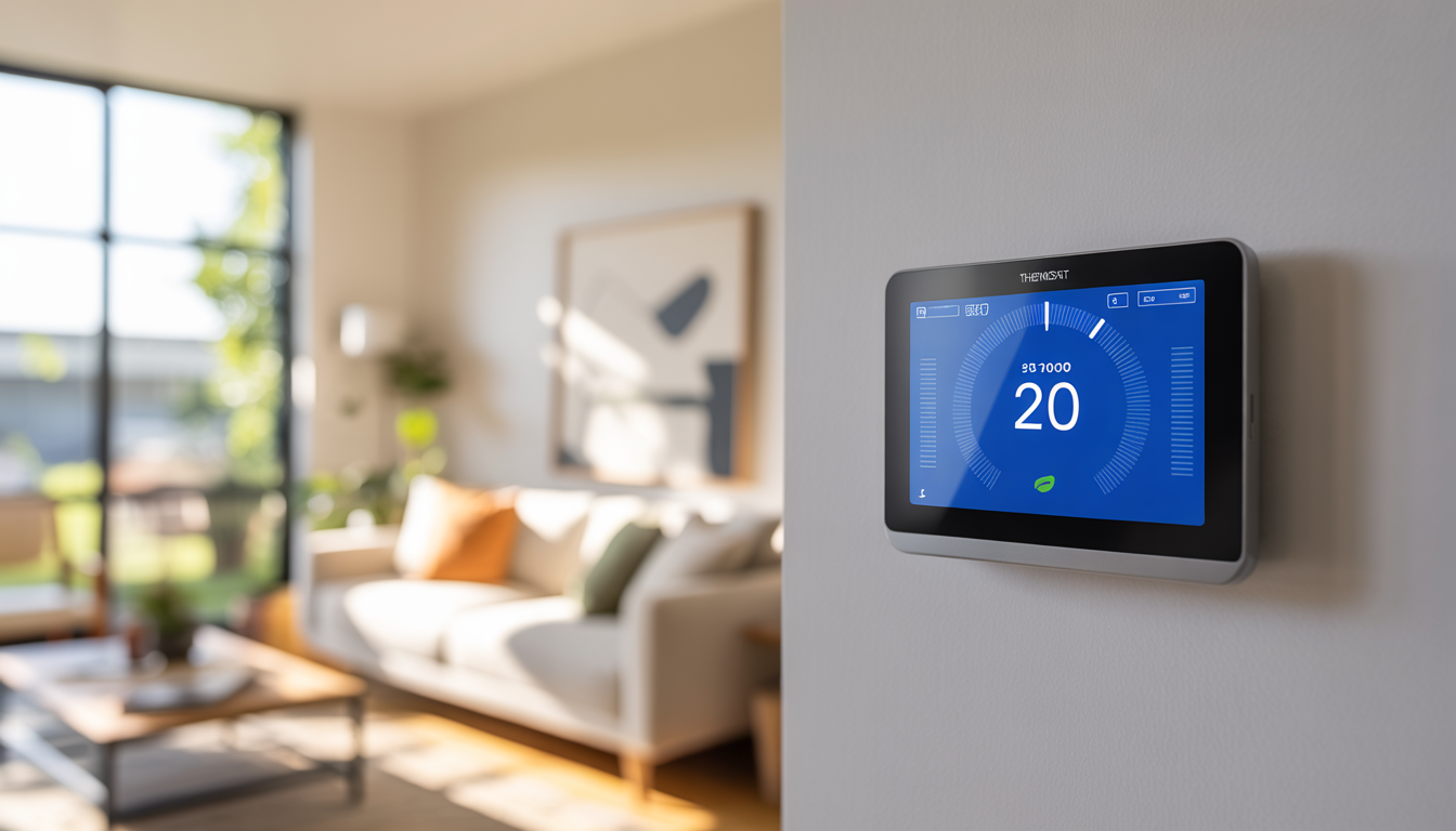 A smart thermostat on a wall in a modern home interior, showcasing its digital interface.