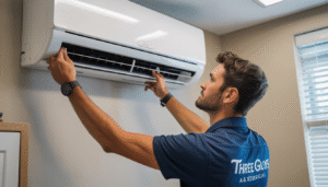 Technician installing a mini split AC in a St. Petersburg office, showcasing expertise and precision.