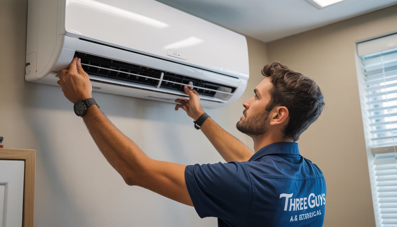 Technician installing a mini split AC in a St. Petersburg office, showcasing expertise and precision.