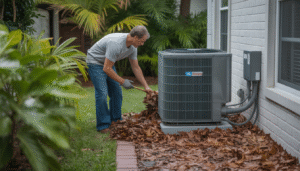 Homeowner clearing debris around an AC unit in a Florida backyard, emphasizing maintenance and cleanliness.