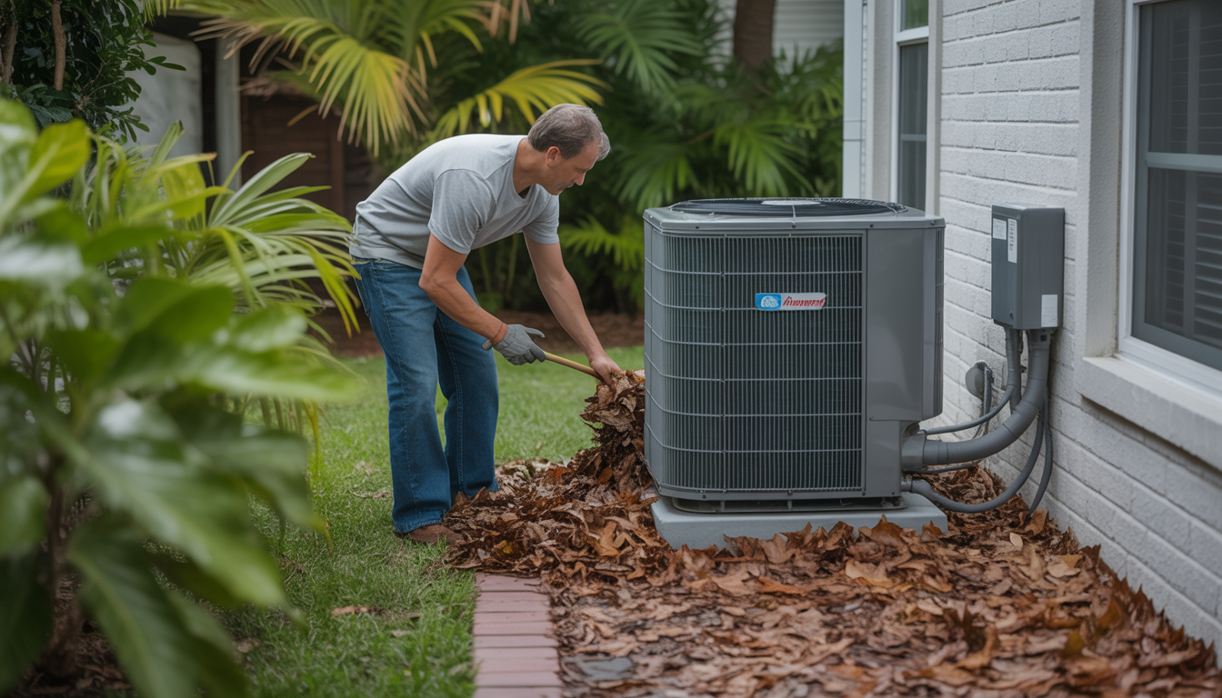 Homeowner clearing debris around an AC unit in a Florida backyard, emphasizing maintenance and cleanliness.