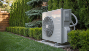 Outdoor unit of a ductless system in a garden, emphasizing its compact design and eco-friendliness.