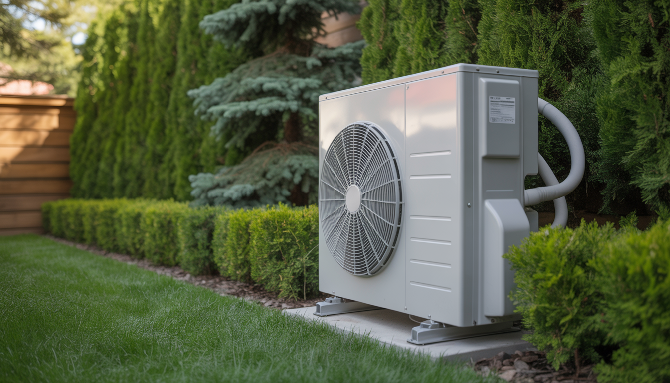 Outdoor unit of a ductless system in a garden, emphasizing its compact design and eco-friendliness.