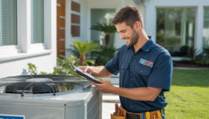 Three Guys A/C technician conducting HVAC maintenance in a Tampa Bay home, emphasizing energy efficiency and air quality.