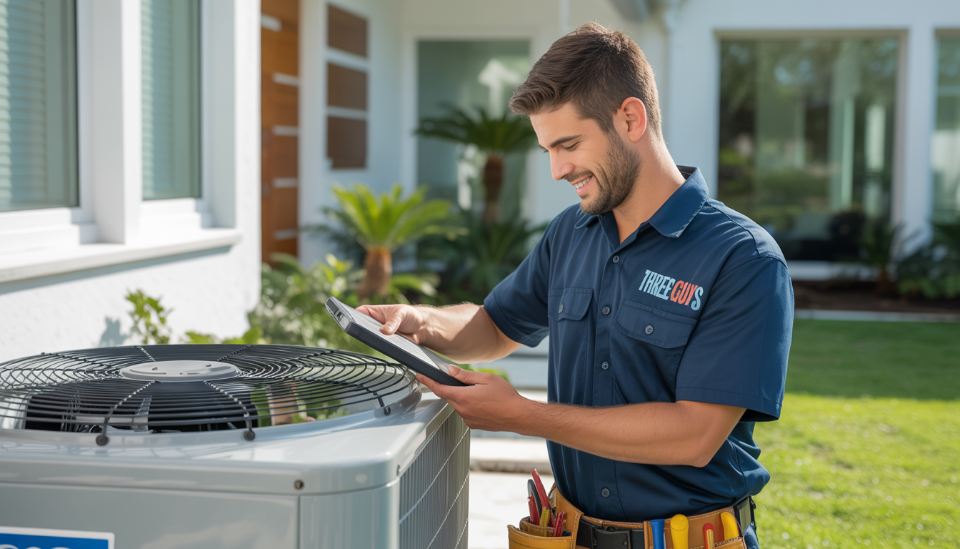 Three Guys A/C technician conducting HVAC maintenance in a Tampa Bay home, emphasizing energy efficiency and air quality.