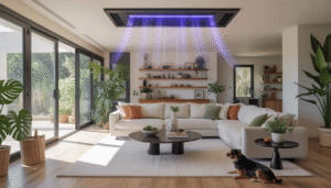 A bright living room with a UV air purification system, houseplants, and a pet, illustrating clean air in a Tampa Bay home.
