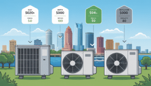 Infographic showing factors affecting central air replacement costs, set against the Tampa Bay skyline.
