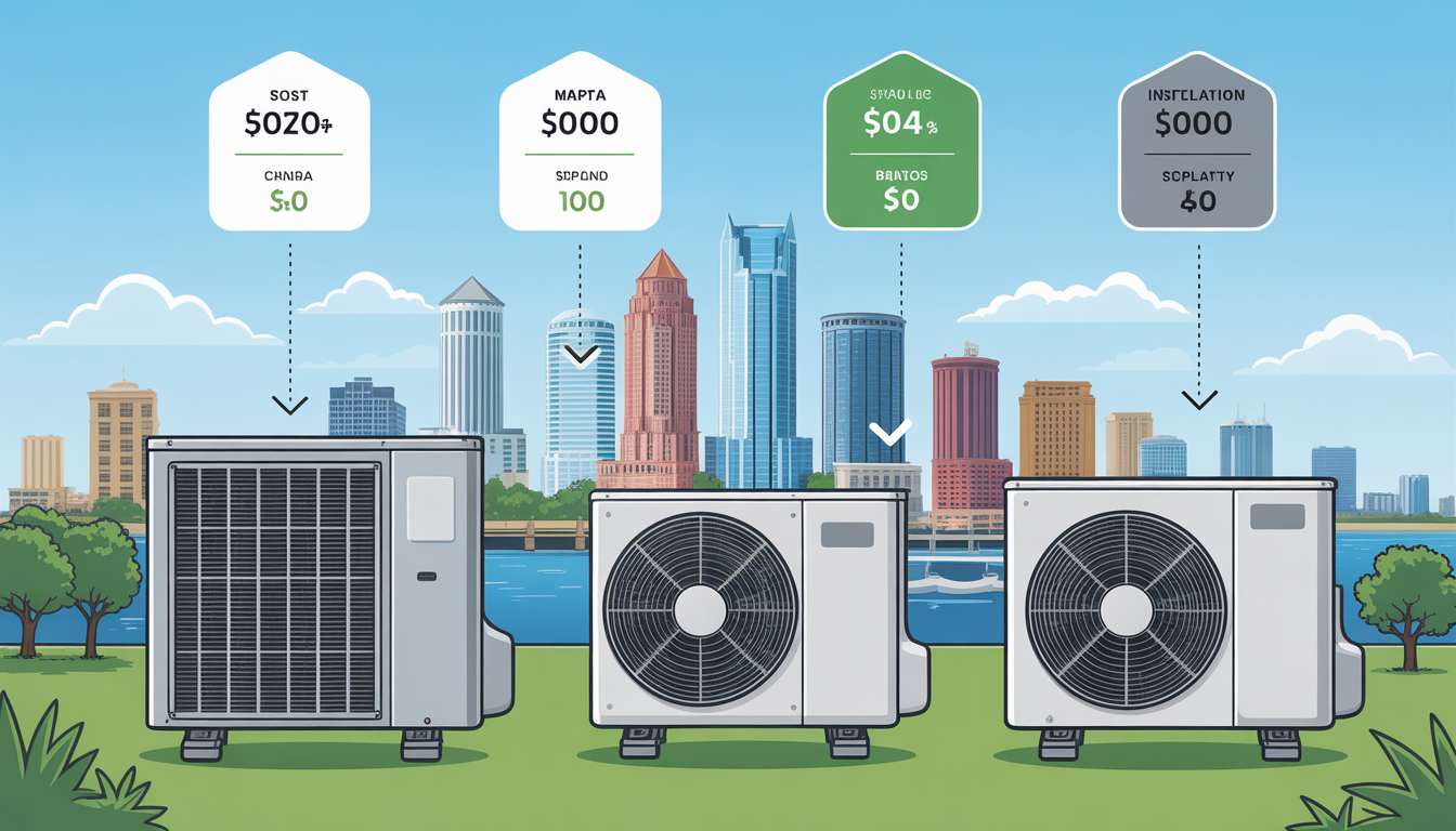 Infographic showing factors affecting central air replacement costs, set against the Tampa Bay skyline.