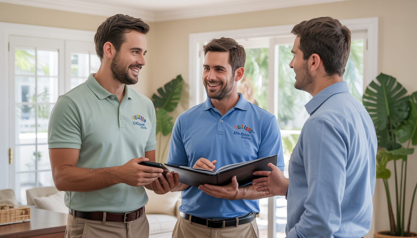 A team from Three Guys A/C & Electrical consulting with a homeowner about HVAC solutions in a welcoming home setting.