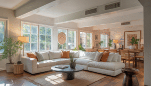 A modern living room with clean air ducts and visible air vents, representing improved air quality and HVAC efficiency.