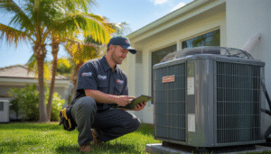 A technician in a Three Guys A/C uniform inspecting an outdoor air conditioning unit in a sunny backyard with palm trees.