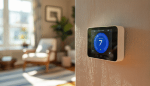 A smart thermostat on a wall in a sunlit living room, surrounded by cozy decor and a small plant.