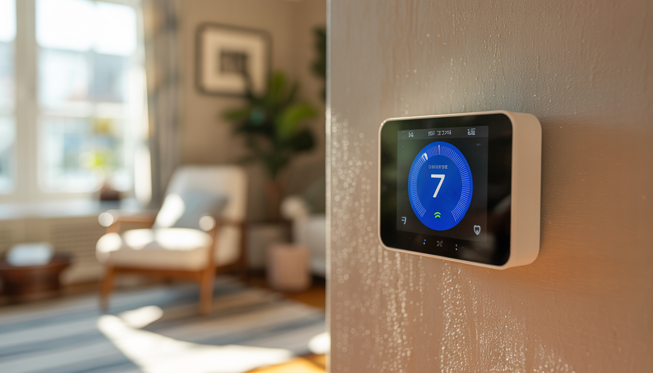 A smart thermostat on a wall in a sunlit living room, surrounded by cozy decor and a small plant.