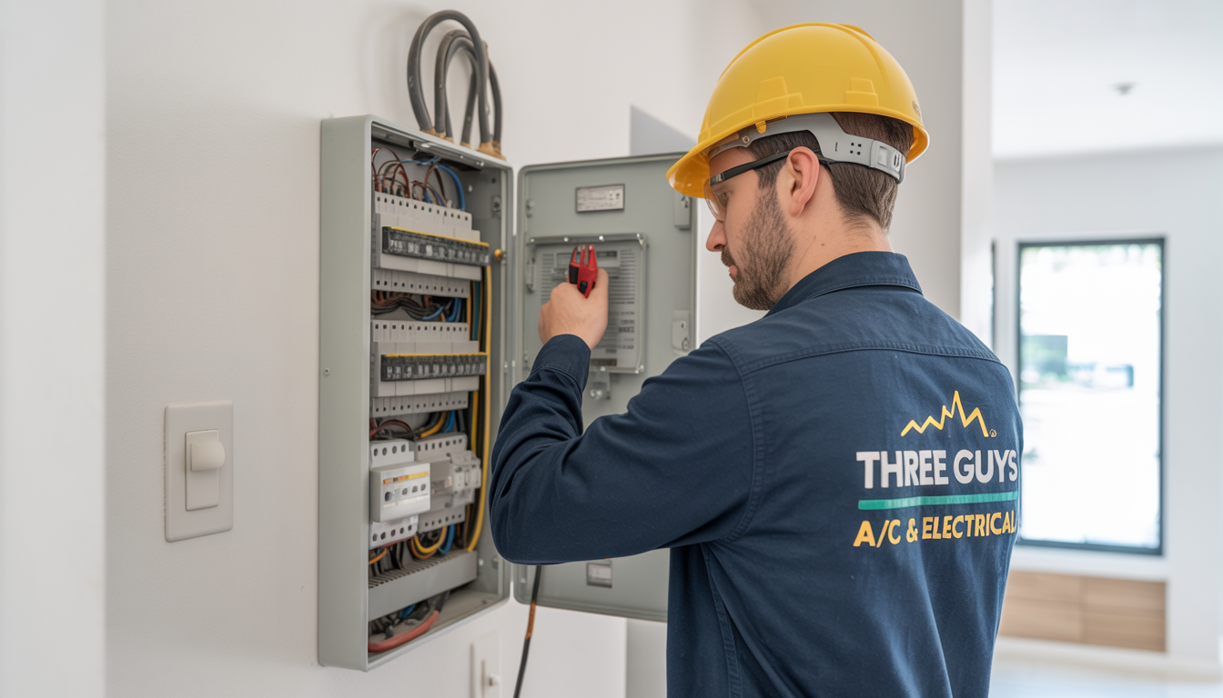 An electrician in branded attire inspecting an electrical panel in a home, showcasing professionalism and safety.