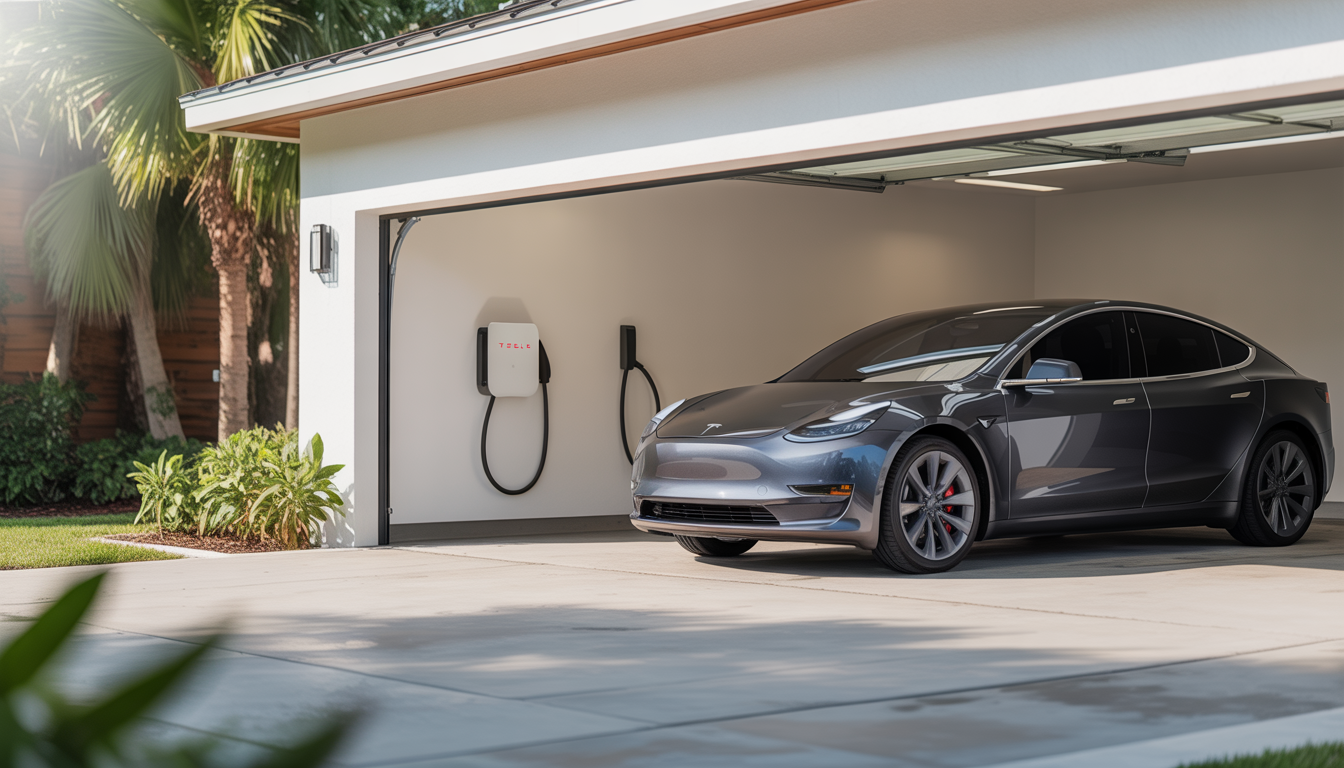 A modern garage in Clearwater, Florida, with a Tesla car and a newly installed Tesla wall charger, representing eco-friendly home charging solutions.