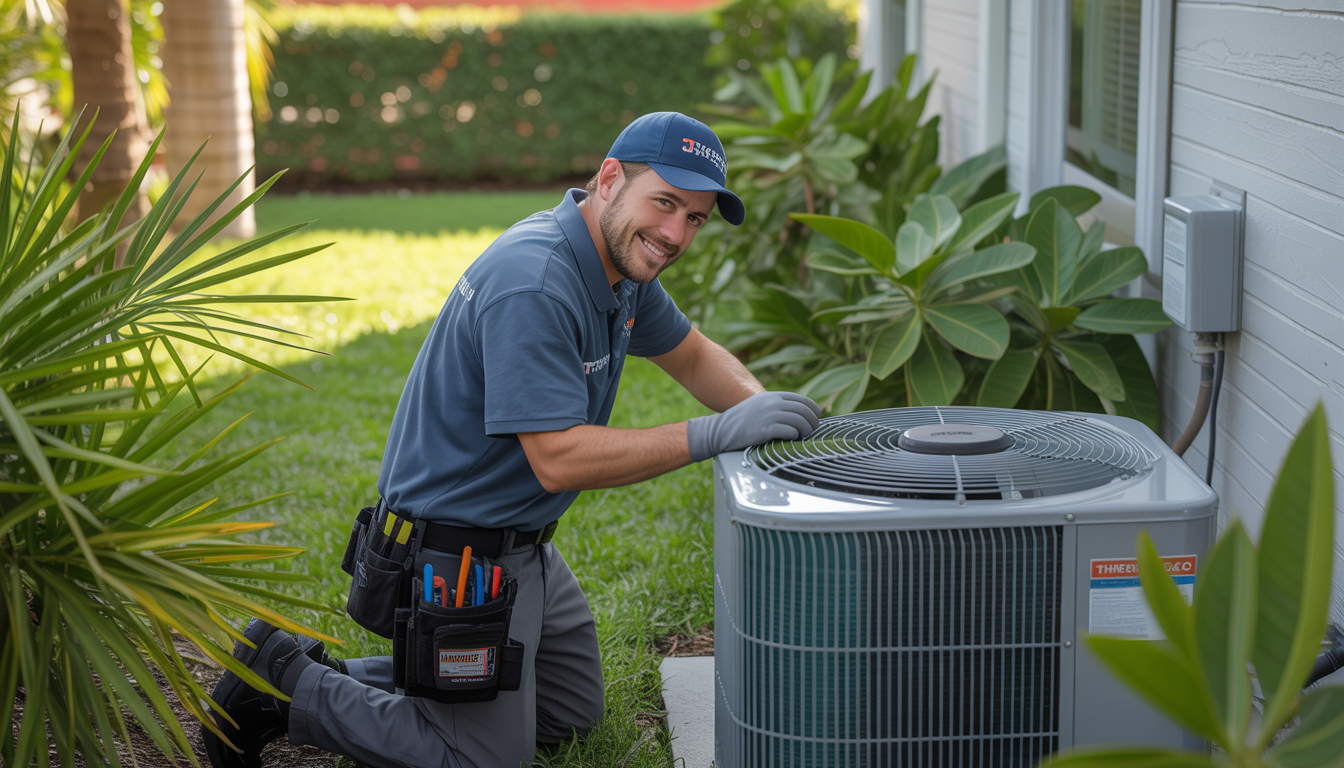 A technician servicing an outdoor AC unit in a green Tampa Bay garden.