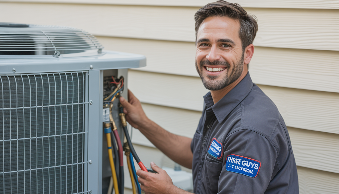 A technician from Three Guys A/C & Electrical servicing an air conditioning unit, representing professional and friendly maintenance service.