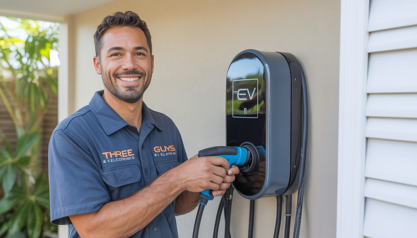 Technician from Three Guys A/C & Electrical installing an EV charging station in a Clearwater garage, showcasing professionalism and expertise.