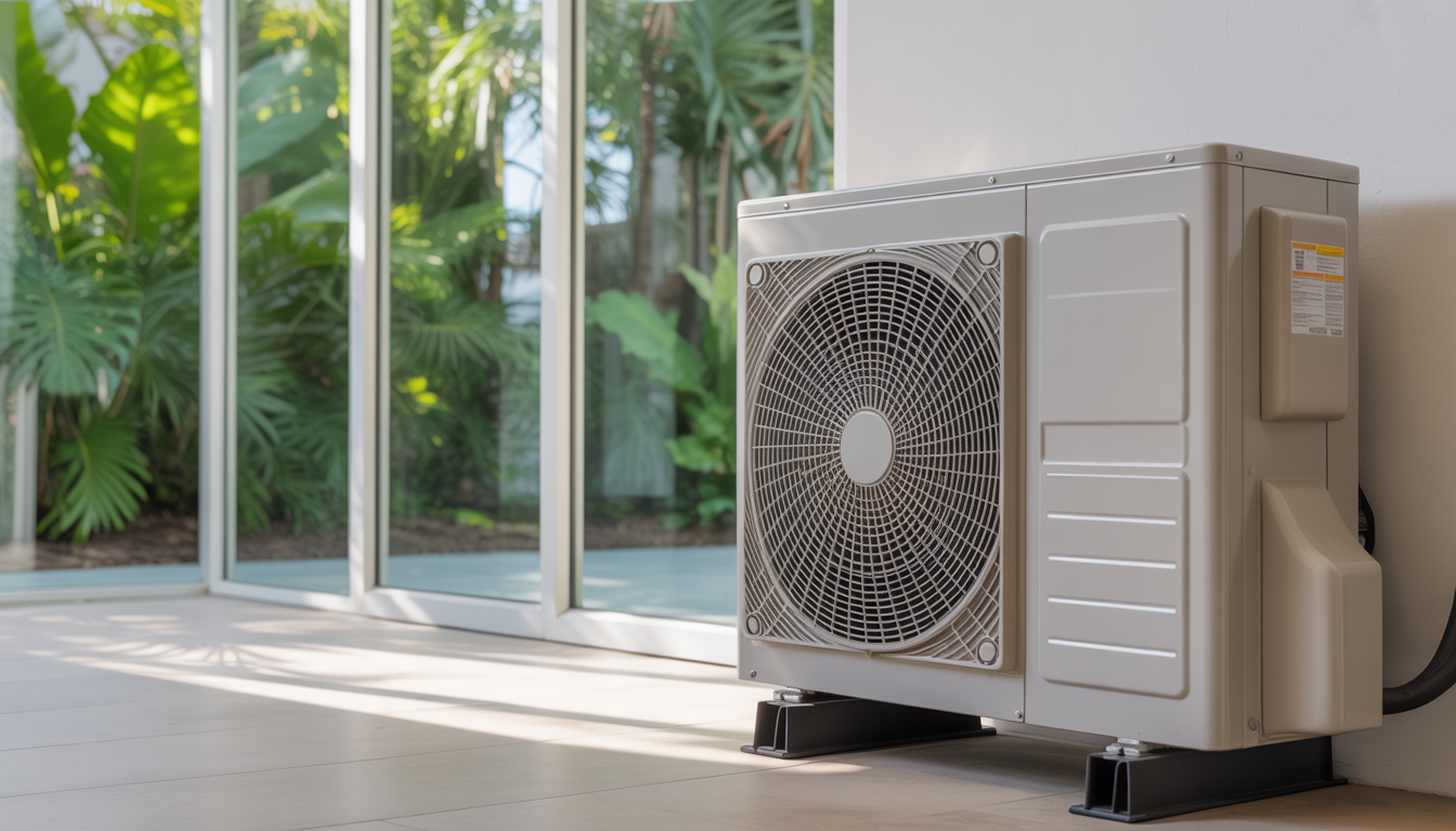 A modern energy-efficient AC unit in a bright Florida home with greenery outside, highlighting eco-friendliness.