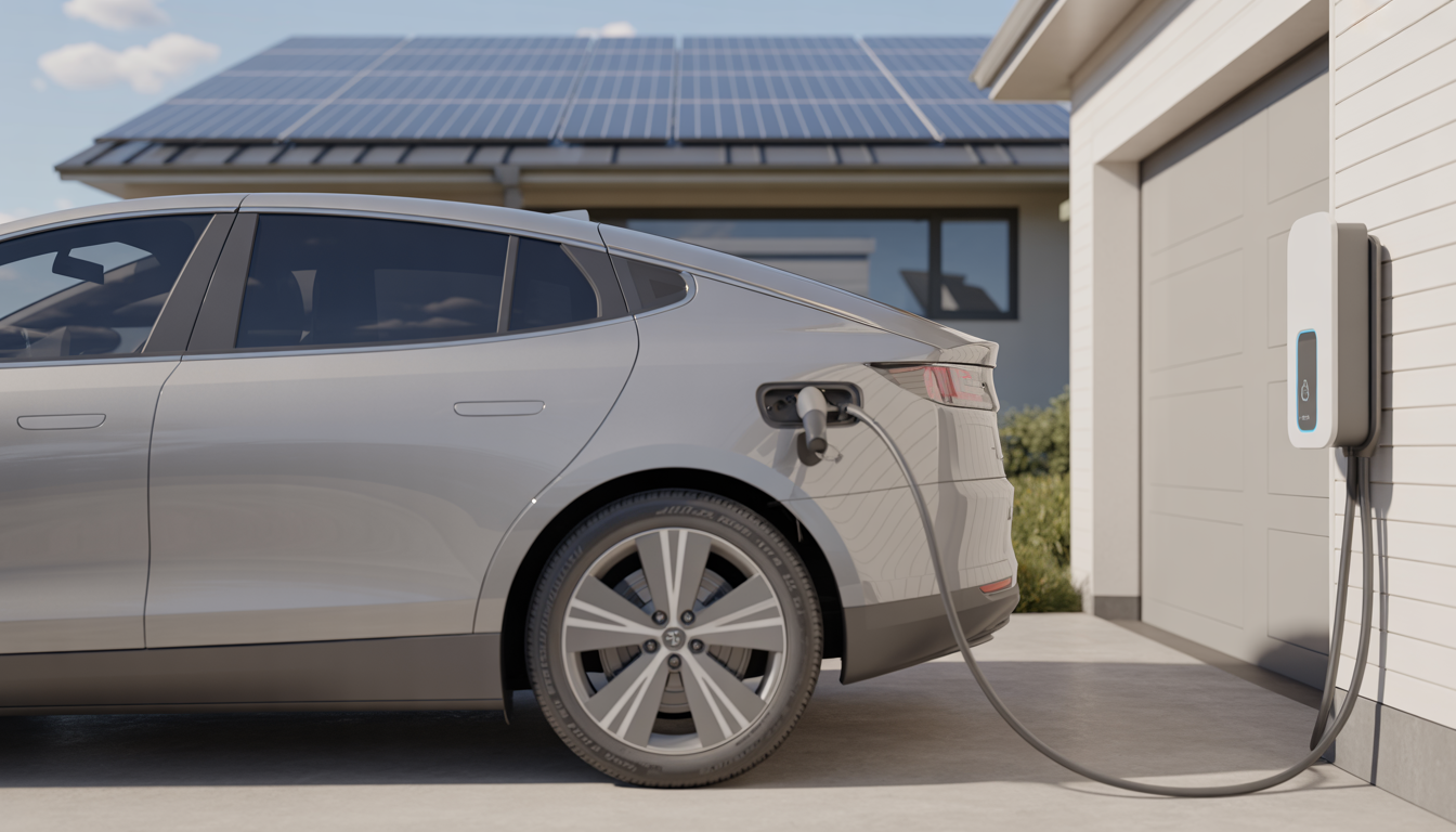An electric vehicle charging at a Level 2 charger with solar panels on the house roof, depicting renewable energy use.