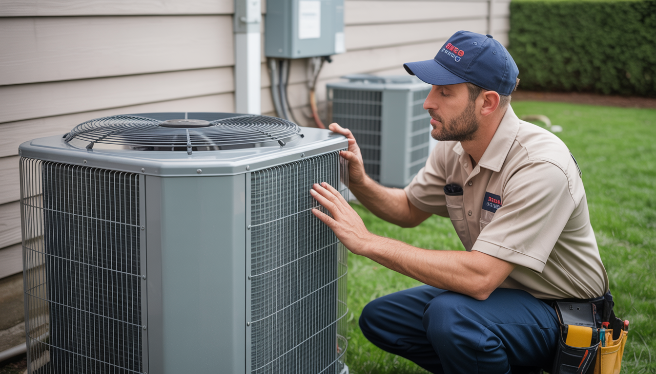 Three Guys A/C technician inspecting an outdoor AC unit, showcasing professionalism and expertise.