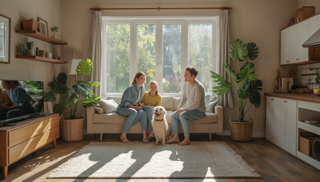 Family enjoying clean air in their home, highlighting benefits of duct cleaning for health and comfort.