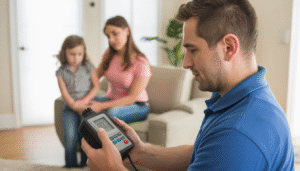 Three Guys A/C technician testing air quality in a Clearwater home with a family watching.