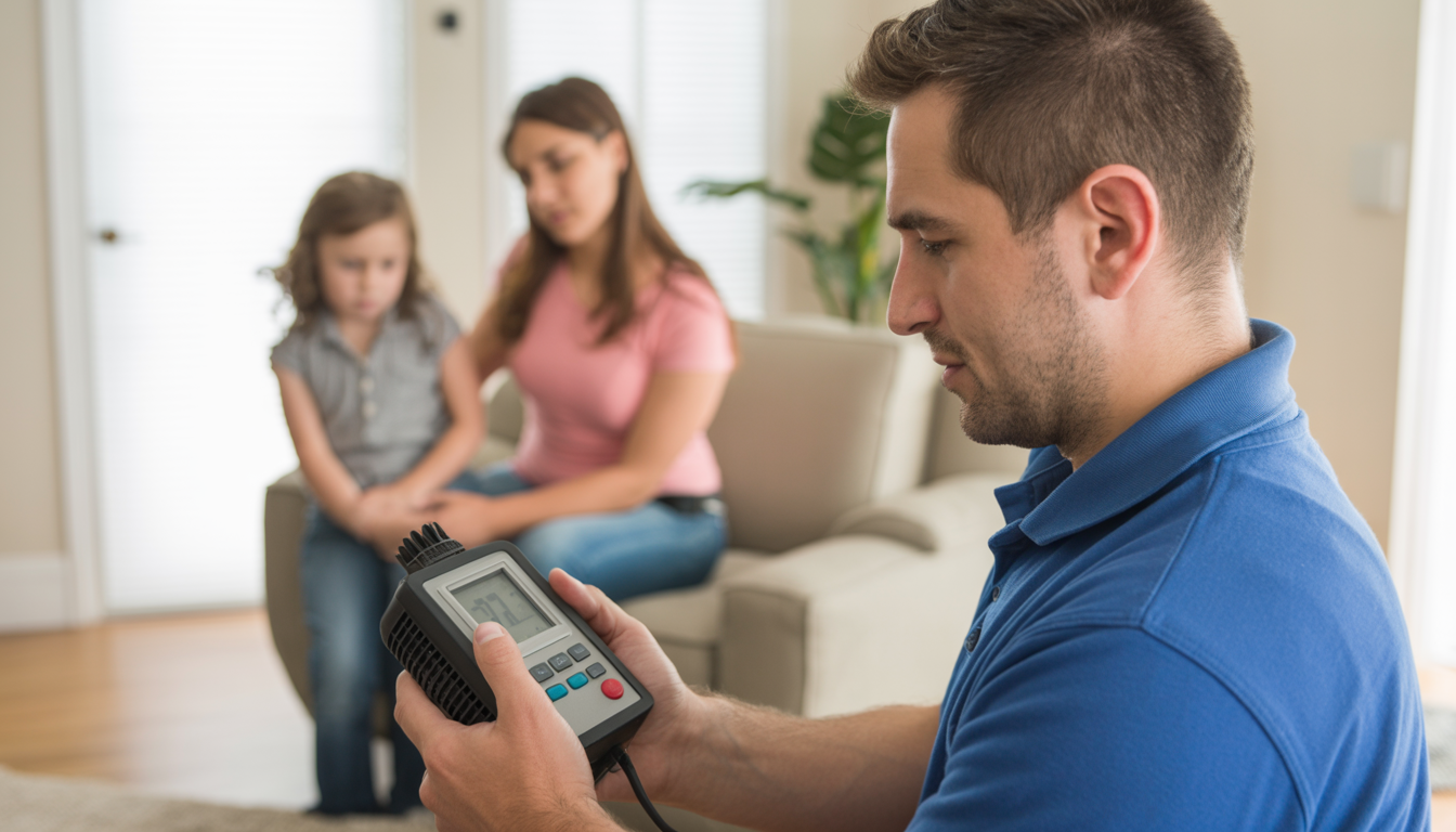 Three Guys A/C technician testing air quality in a Clearwater home with a family watching.