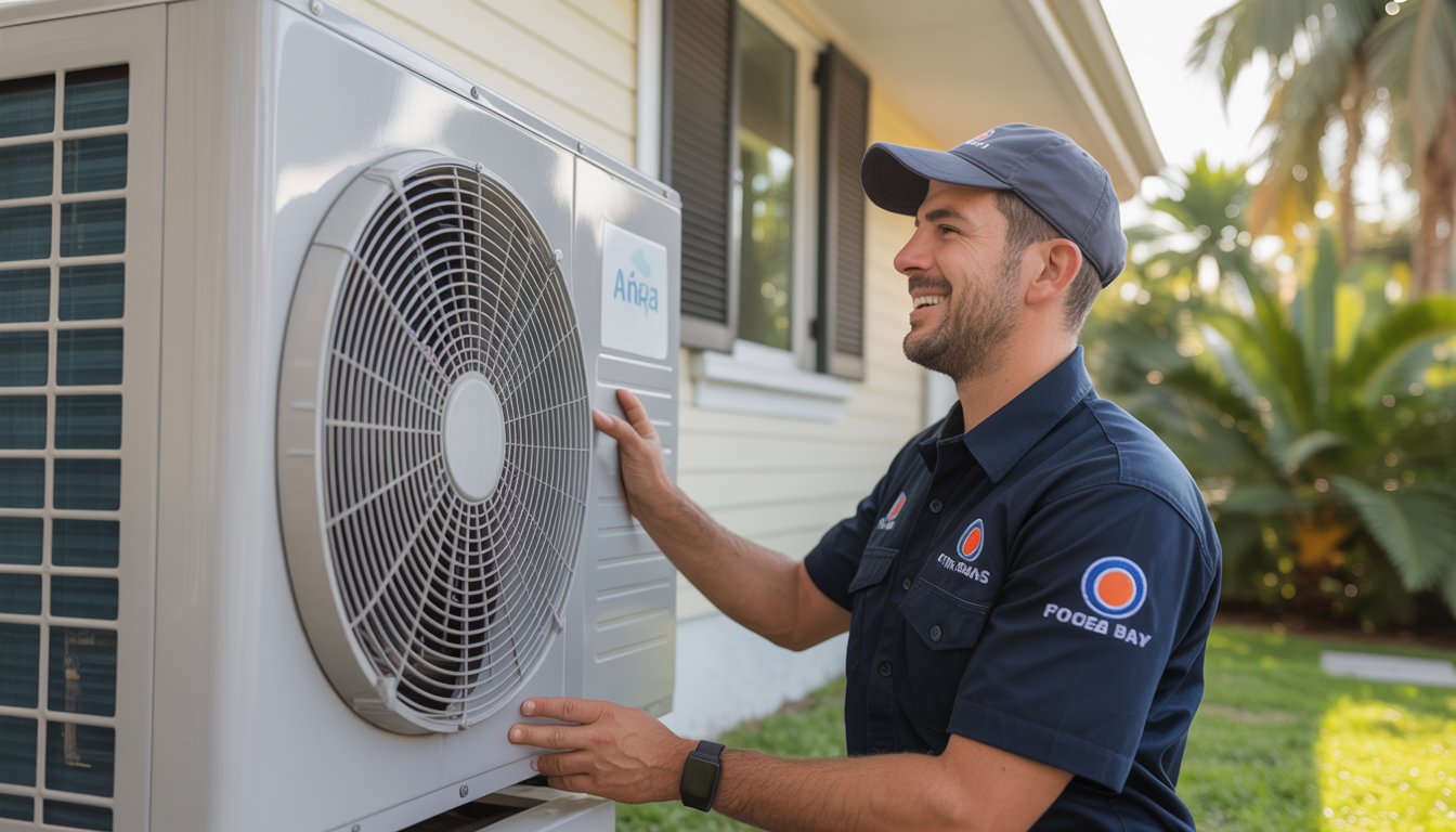 A technician in uniform inspecting an air conditioning unit's fan outside a Tampa Bay home under a clear sky.